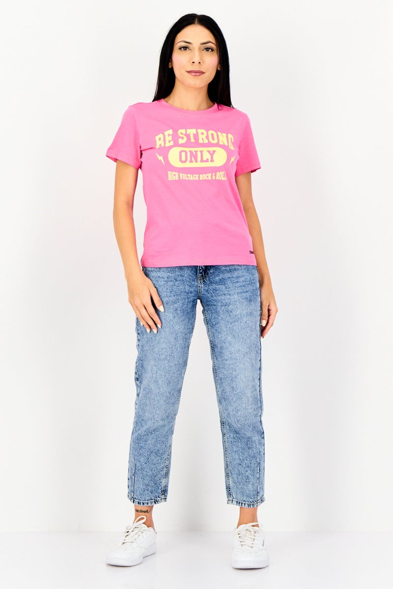 ONLY Women Crew Neck Graphic Print Short Sleeves T-Shirt, Pink - Image 3