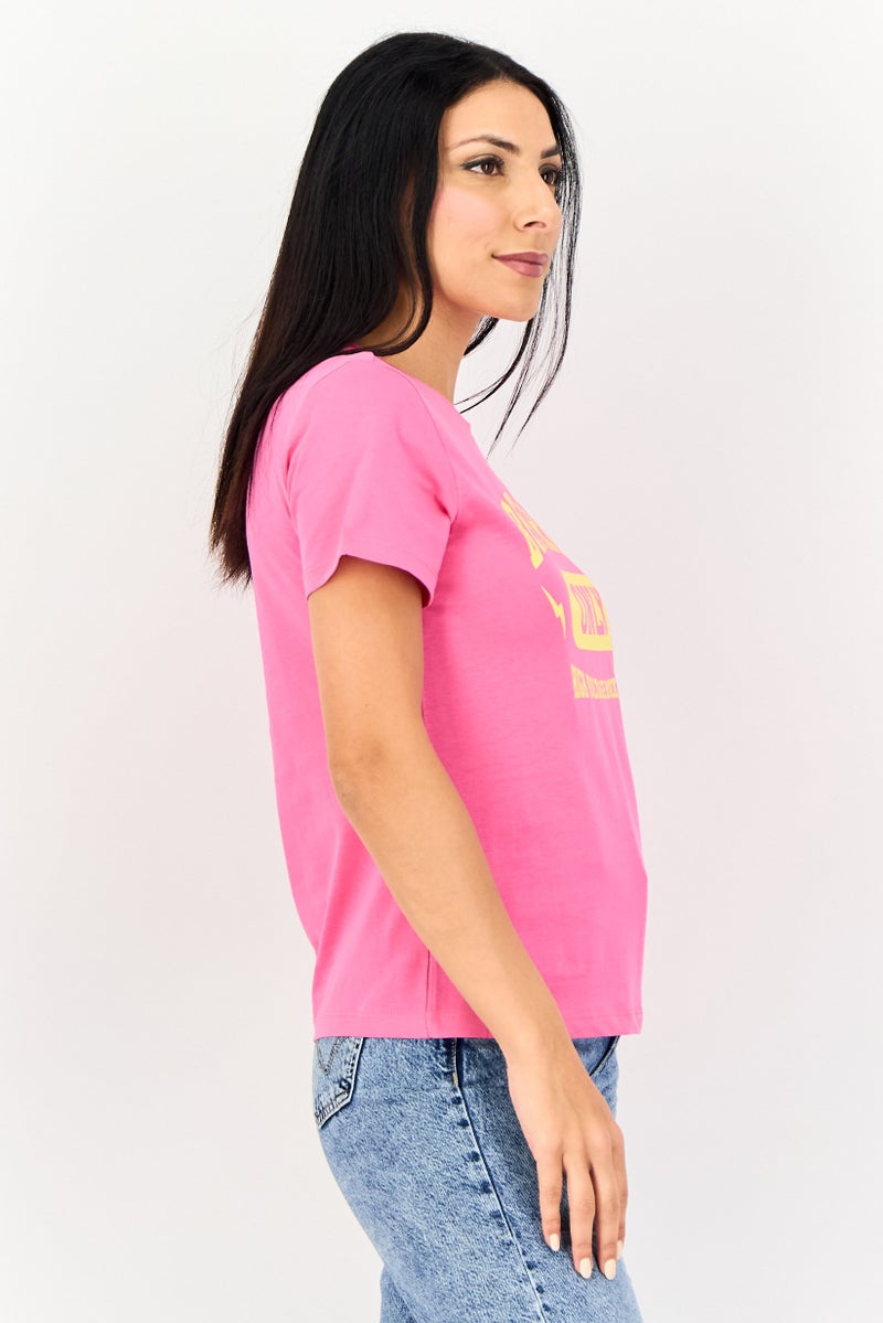 ONLY Women Crew Neck Graphic Print Short Sleeves T-Shirt, Pink - Image 4
