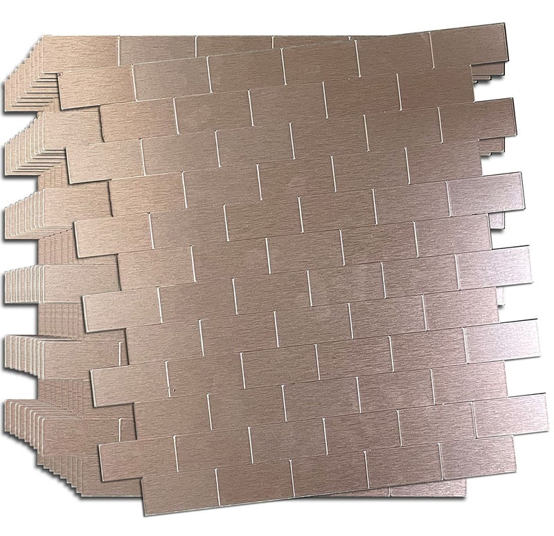 XUANINY 10-Sheet Peel and Stick Metal Backsplash Tiles, Self Adhesive Brushed Aluminum Subway 3D Wall Sticker for Kitchen Bathroom (12"x11.02") (10, Rose Gold Brushed) - Image 1