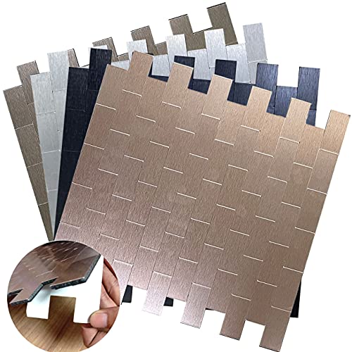 XUANINY 10-Sheet Peel and Stick Metal Backsplash Tiles, Self Adhesive Brushed Aluminum Subway 3D Wall Sticker for Kitchen Bathroom (12"x11.02") (10, Rose Gold Brushed) - Image 2