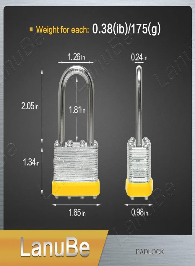 LanuBe Lock Laminated keyed Padlock (1-9/16", 40mm), keyed Alike Locks, Long Shackle,Marked Yellow Plastic Hoop, Pack of 2 - Image 2