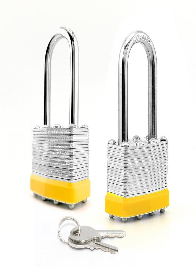 LanuBe Lock Laminated keyed Padlock (1-9/16", 40mm), keyed Alike Locks, Long Shackle,Marked Yellow Plastic Hoop, Pack of 2 - Image 1