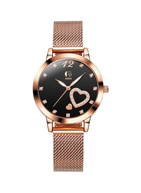 Analog Quartz Heart Shape Black Dial Stainless Steel Band Watch - 5189