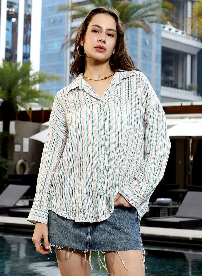 PINACOLADA Pinacolada Women's Rose Pink & Sky Blue Striped Oven-Weave Oversized Shirt | Spread Collar , Long Cuffed Sleeves , Button Closure | Stripes Open-Weave Material | Cotton Shirt For Casual Wear