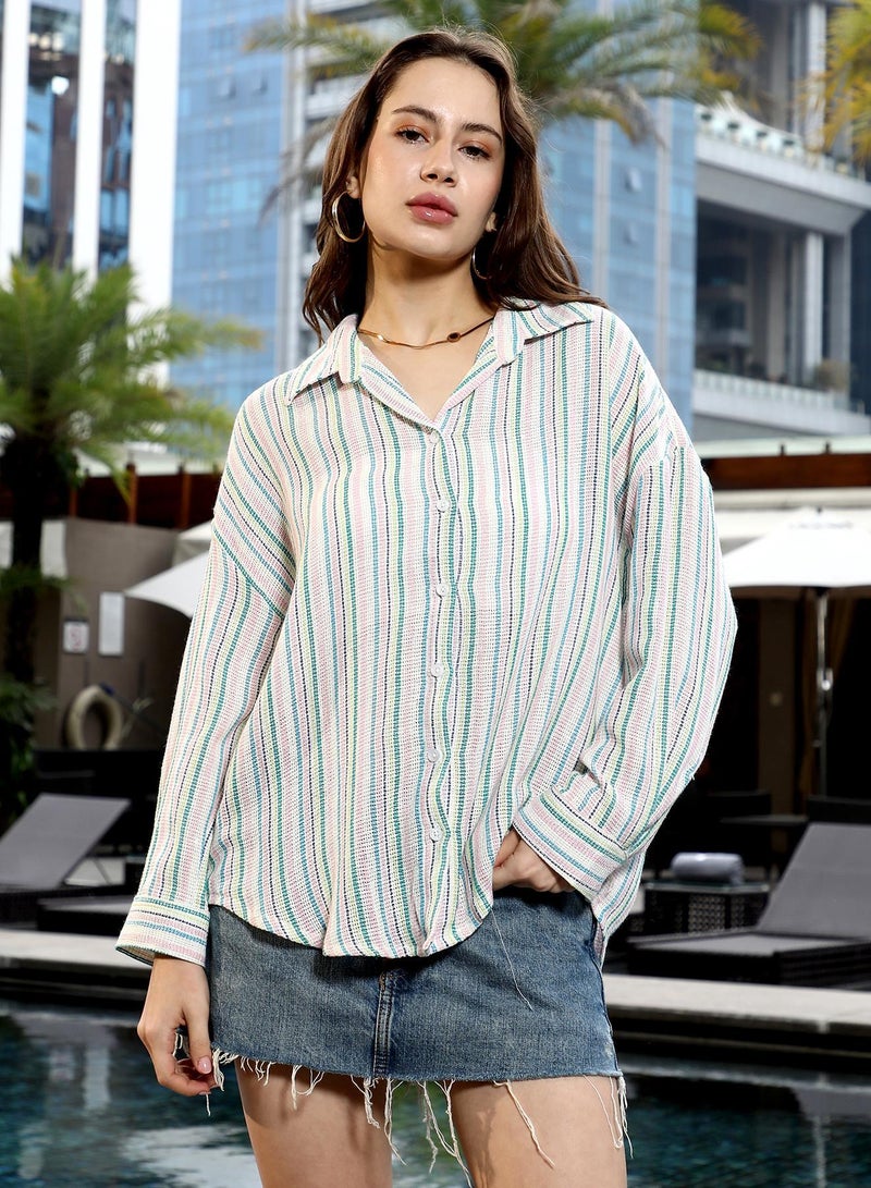 PINACOLADA Women's Rose Pink & Sky Blue Striped Oven-Weave Oversized Shirt - Image 2