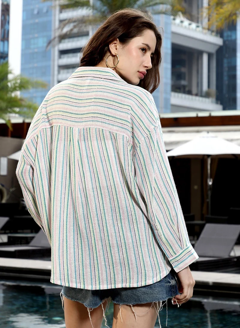 Pinacolada  Women's Rose Pink & Sky Blue Striped Oven-Weave Oversized Shirt for Women | Best Price UAE