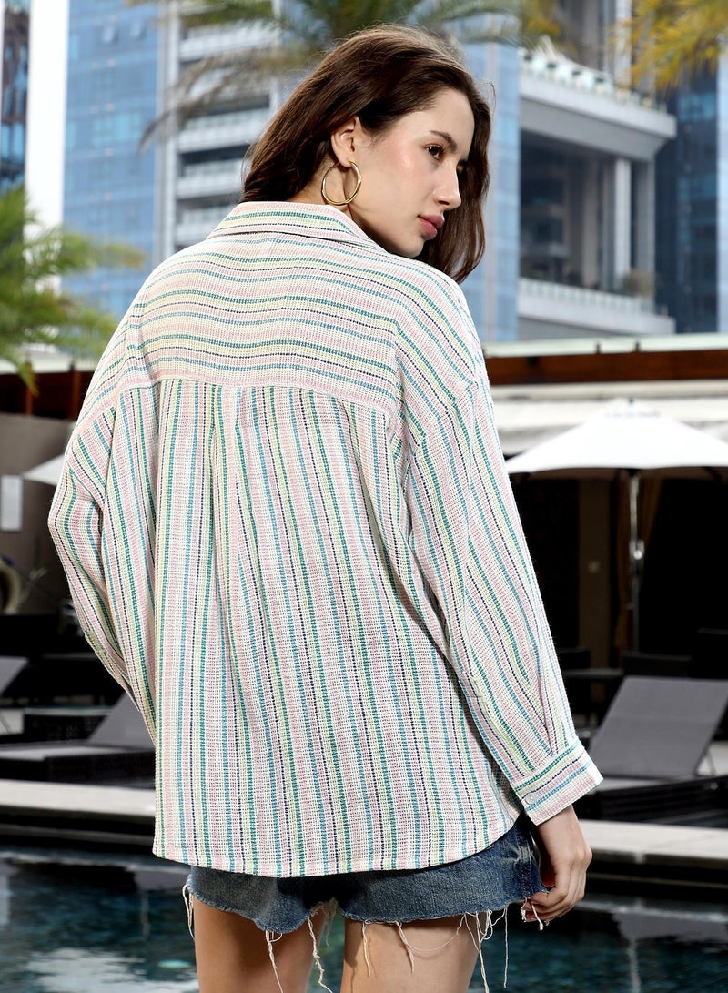 PINACOLADA Women's Rose Pink & Sky Blue Striped Oven-Weave Oversized Shirt - Image 5