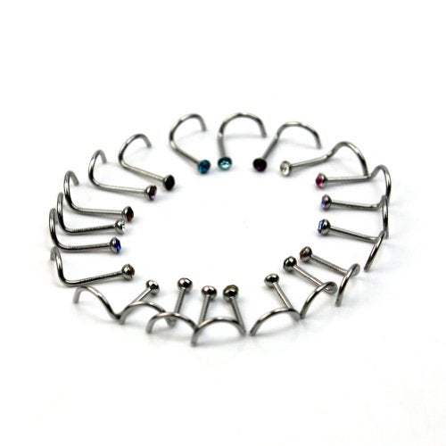 CrazyPiercing 20pcs Colorful Rhinestone Steel Screw Nose Rings Studs Bar Pin Piercing Jewelry (20 pcs) - Image 5
