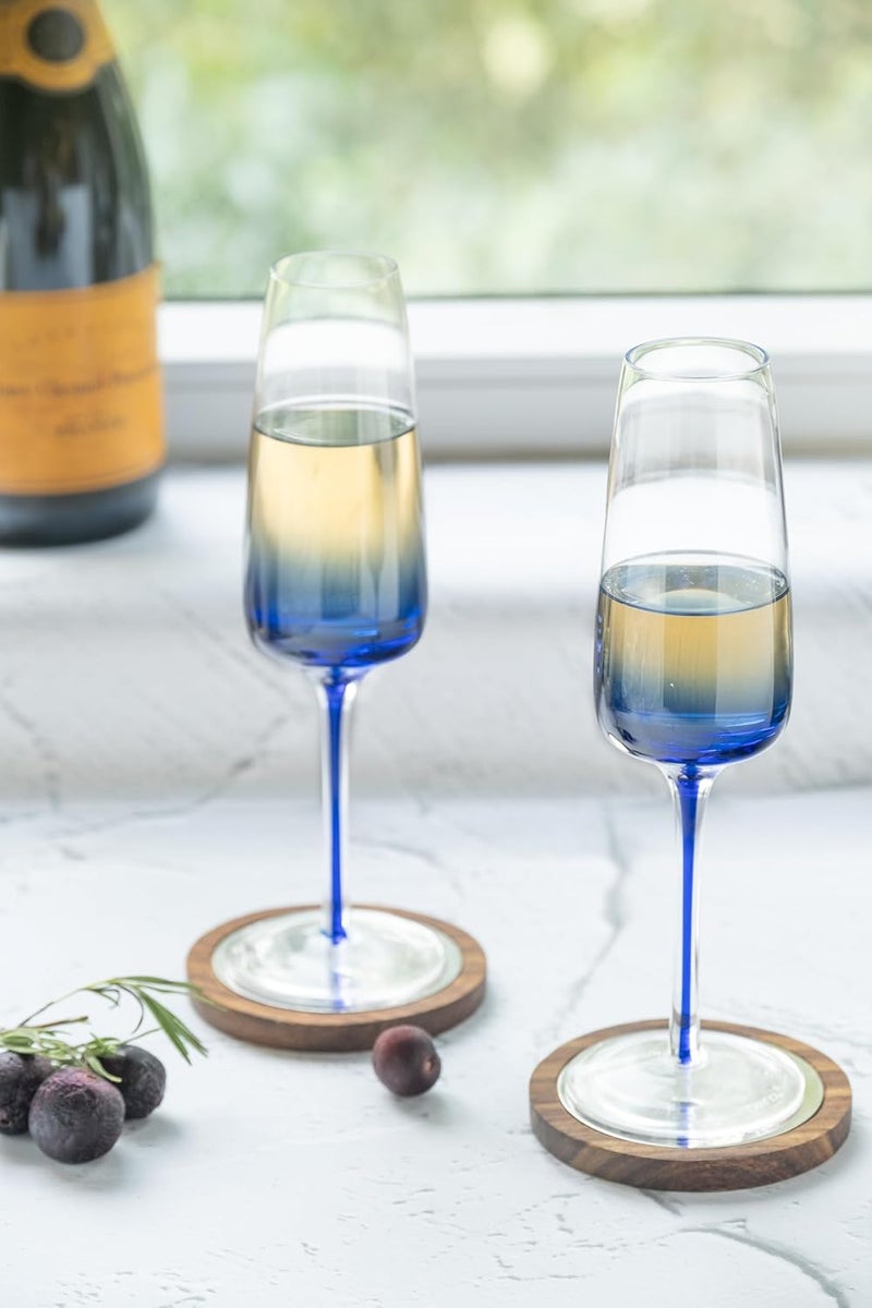 INVOKE INVOKE Home Living Set of 2 Crystal Flute Champagne Glasses with Blue Bottom - Image 1