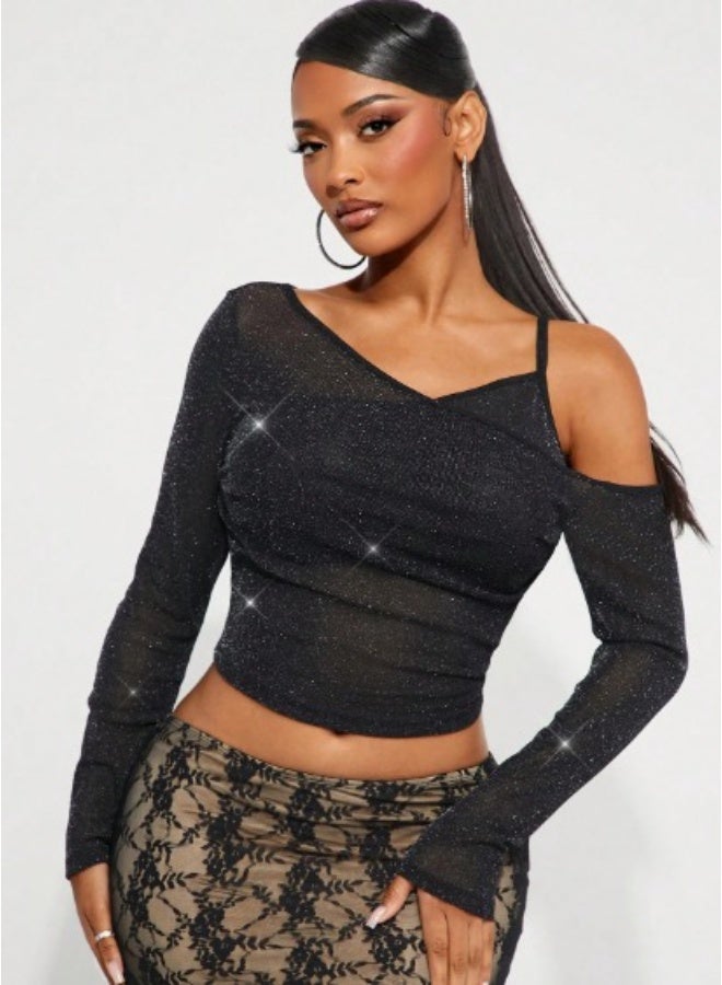 Women's Black Top with Silver Thread – Asymmetrical Shoulder 2-in-1 Design, Long Sleeves, Perfect for Autumn and Winter - Image 1