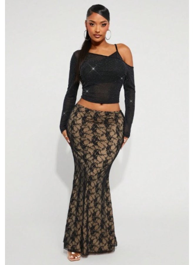 Women's Black Top with Silver Thread – Asymmetrical Shoulder 2-in-1 Design, Long Sleeves, Perfect for Autumn and Winter - Image 2