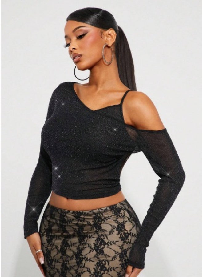 Women's Black Top with Silver Thread – Asymmetrical Shoulder 2-in-1 Design, Long Sleeves, Perfect for Autumn and Winter - Image 4