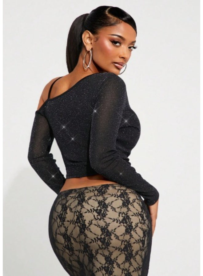 Women's Black Top with Silver Thread – Asymmetrical Shoulder 2-in-1 Design, Long Sleeves, Perfect for Autumn and Winter - Image 3