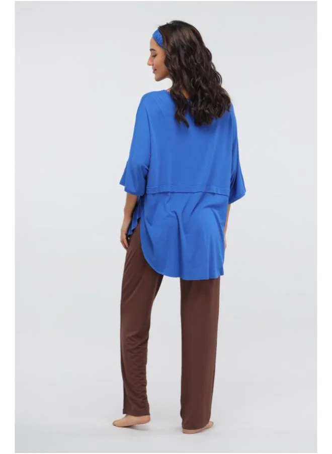NeceSera French Roast Straight Lounge Set with Olympain Blue Oversized top