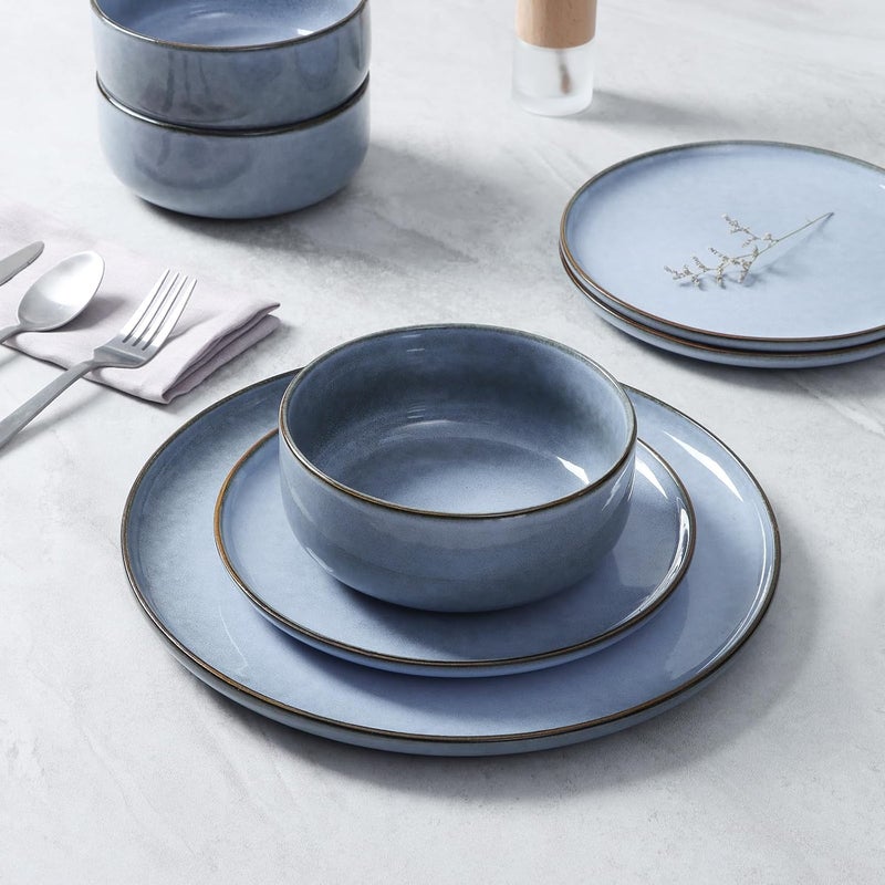 E-far Efar 12Piece Reactive Glaze Dinnerware Sets Dishes Set for 4 Stoneware Plates and Bowls Dinning Ware Microwave  Dishwasher Safe  Ocean Blue - Image 3