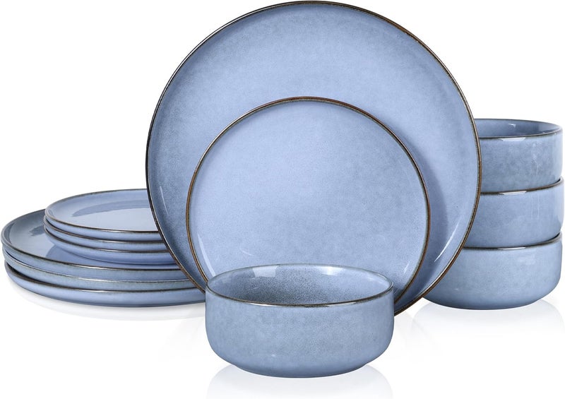 E-far Efar 12Piece Reactive Glaze Dinnerware Sets Dishes Set for 4 Stoneware Plates and Bowls Dinning Ware Microwave  Dishwasher Safe  Ocean Blue - Image 1