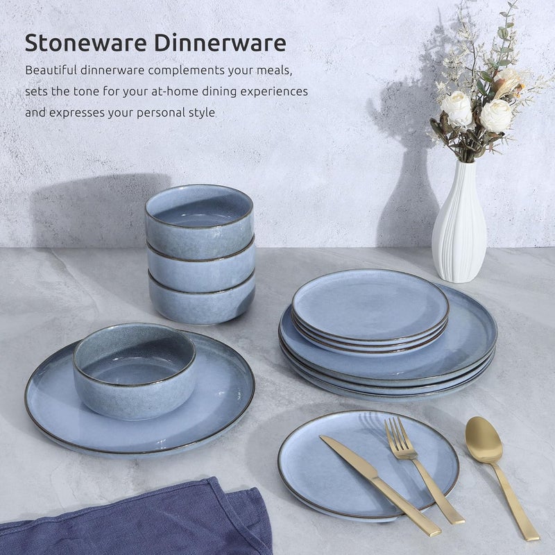 E-far Efar 12Piece Reactive Glaze Dinnerware Sets Dishes Set for 4 Stoneware Plates and Bowls Dinning Ware Microwave  Dishwasher Safe  Ocean Blue - Image 4