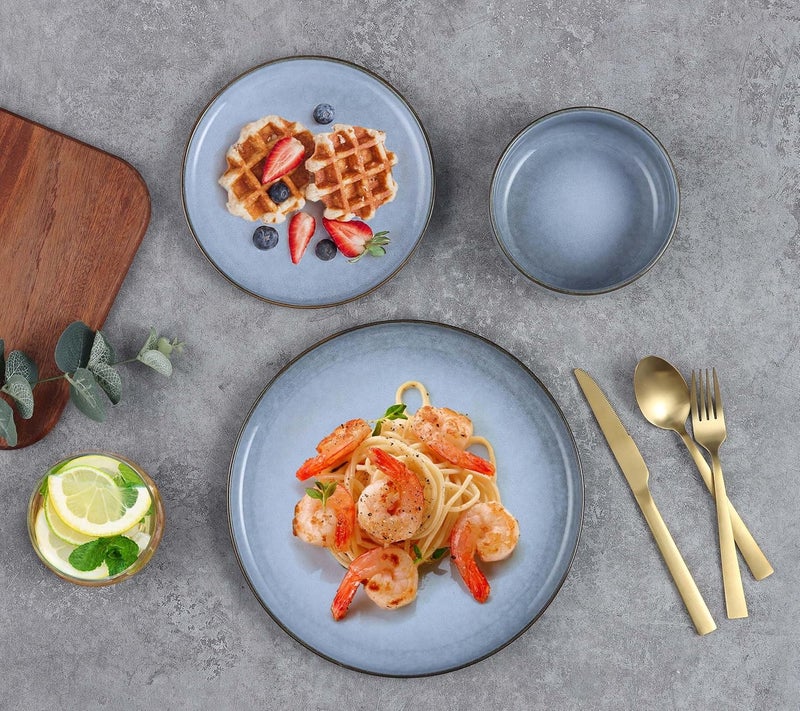 E-far Efar 12Piece Reactive Glaze Dinnerware Sets Dishes Set for 4 Stoneware Plates and Bowls Dinning Ware Microwave  Dishwasher Safe  Ocean Blue - Image 5