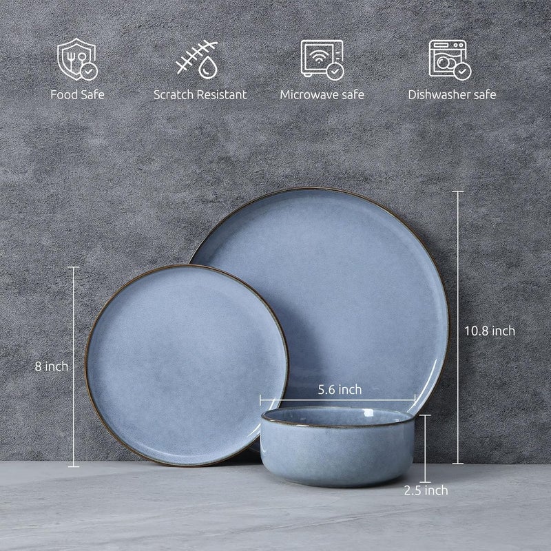 E-far Efar 12Piece Reactive Glaze Dinnerware Sets Dishes Set for 4 Stoneware Plates and Bowls Dinning Ware Microwave  Dishwasher Safe  Ocean Blue - Image 2