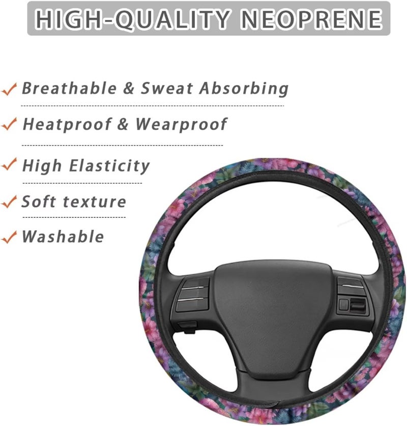Steering Wheel Cover, Lovely Floral Pattern for Women, All-Season 15 Inch Soft Universal Protector (Nocturne Blooms) - Image 4