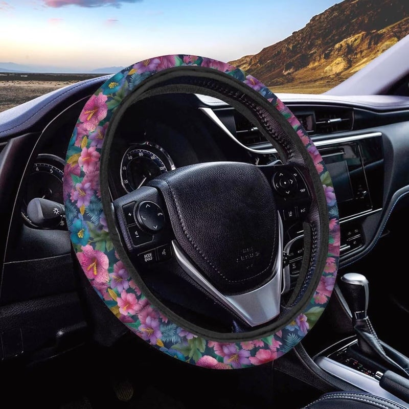 Steering Wheel Cover, Lovely Floral Pattern for Women, All-Season 15 Inch Soft Universal Protector (Nocturne Blooms) - Image 1