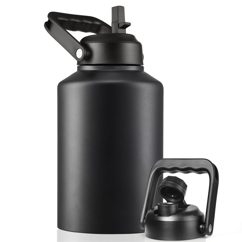 EALGRO Insulated Gallon Water Bottle Jug with Straw 128 oz Large Stainless Steel Sports Metal Water Canteen With Handle Thermal Water Cup Mug with 2 Lids Midnight Black