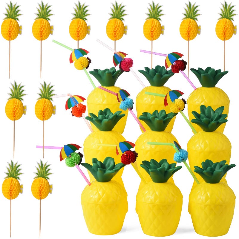 ALINK 12 Pineapple Cups with 12 Umbrella Straws and 12 Cocktail Drink Picks Hawaiian Luau Tiki and Beach Party Decorations for Kids and Adults