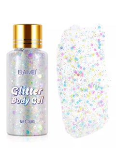 Elaimei White Body Glitter Gel for Women & Girls Easy to Apply & Remove Festival Glitter Liquid Eyeshadow Mermaid Sequins Chunky Glitter Gel Cosmetic for Body Face Hair Nails Makeup 30g  - Image 1