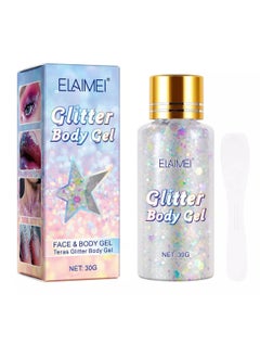 Elaimei White Body Glitter Gel for Women & Girls Easy to Apply & Remove Festival Glitter Liquid Eyeshadow Mermaid Sequins Chunky Glitter Gel Cosmetic for Body Face Hair Nails Makeup 30g  - Image 2