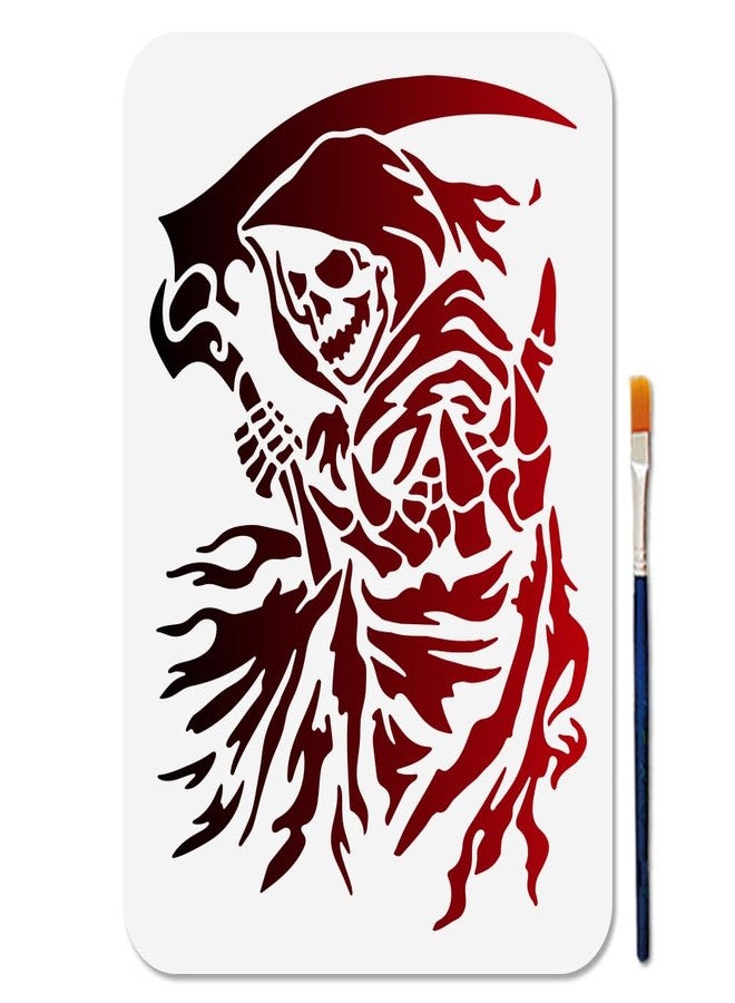 MAYJOYDIY Grim Reaper Stencil Scythe of Death Stencils for Painting 11.7×8.3inch Reusable Skull Cloak Stencil Crafts Drawing Templates with Paint Brush for DIY Craft on Wood Wall Home Decor - Image 1