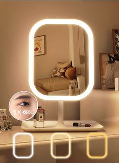 XiuWoo Makeup Vanity Mirror with Lights, LED Makeup Mirror with 3 Color Modes, Tabletop Vanity Lighted Mirror with Smart Touch Control, 5X Magnification, Light Up Make Up Mirror with Storage Tray, white  - Image 1