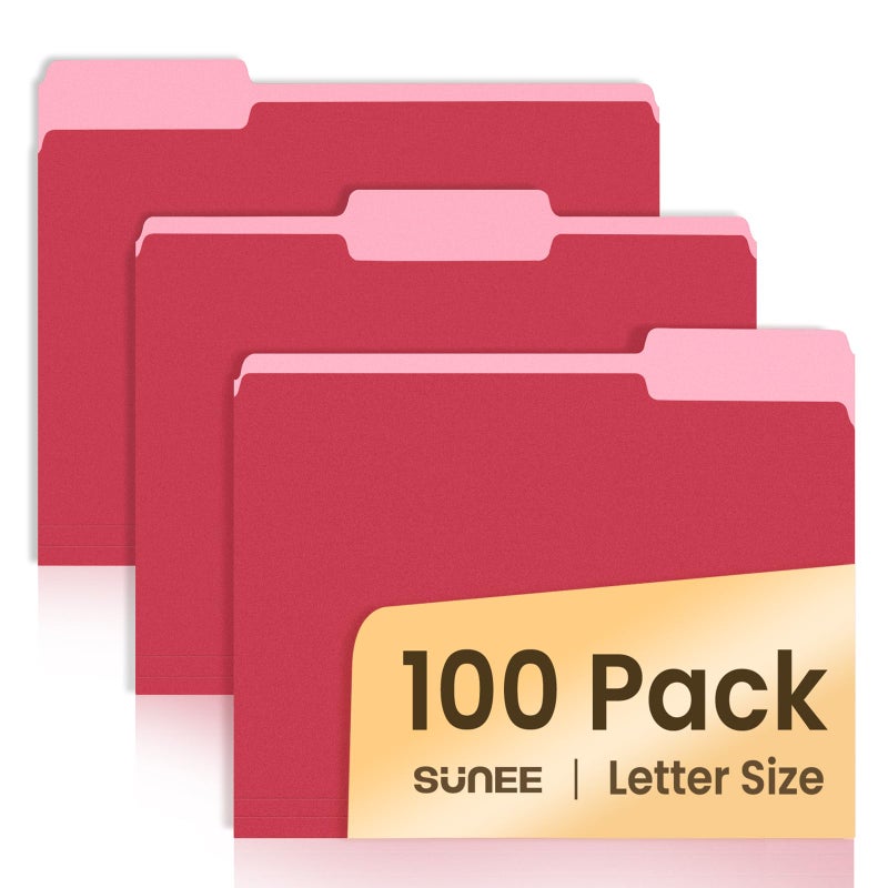 SUNEE File Folders Letter Size Red, 100 Pack Manilla Folders 8.5 x 11 1/3-Cut Tabs, Colored File Folders Office Home School for Documents Files Paper - Image 1