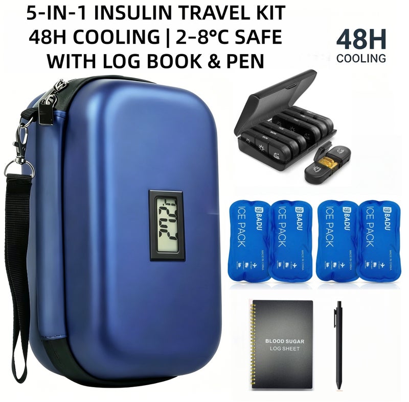 Premium 5-in-1 Insulin Travel Kit – Insulin Cooler Bag with Thermometer, 4 Ice Packs (2 Replaceable), Medicine Organizer, Glucose Log Book & Pen, 48H Cooling Diabetic Travel Case (2–8°C) - Image 1