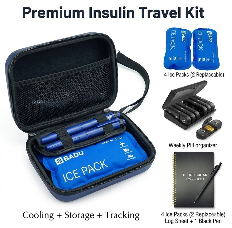 Premium 5-in-1 Insulin Travel Kit – Insulin Cooler Bag with Thermometer, 4 Ice Packs (2 Replaceable), Medicine Organizer, Glucose Log Book & Pen, 48H Cooling Diabetic Travel Case (2–8°C) - Image 2