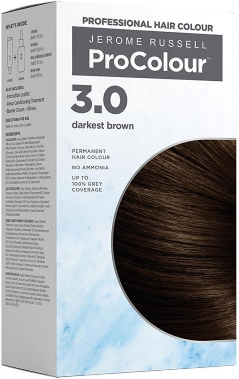 Jerome Russell ProColour Darkest Brown 30 Permanent Hair Colour Ammonia Free Hair Dye for Full Grey Coverage Shine Colour Retention with Brazil Nut Oil