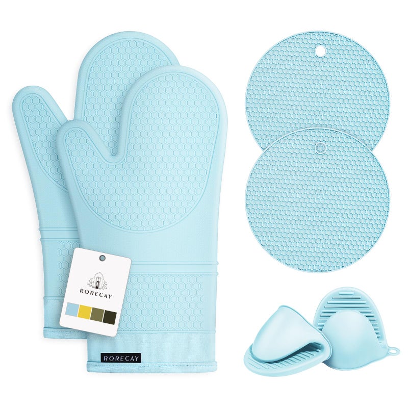 Rorecay 6pcs Oven Mitts and Pot Holders Sets, Extra Long Silicone Oven Gloves Heat Resistant 500 Degrees Non-Slip Potholders Hot Pads for Kitchen Baking Cooking, Quilted Liner, Winter Sky - Image 1