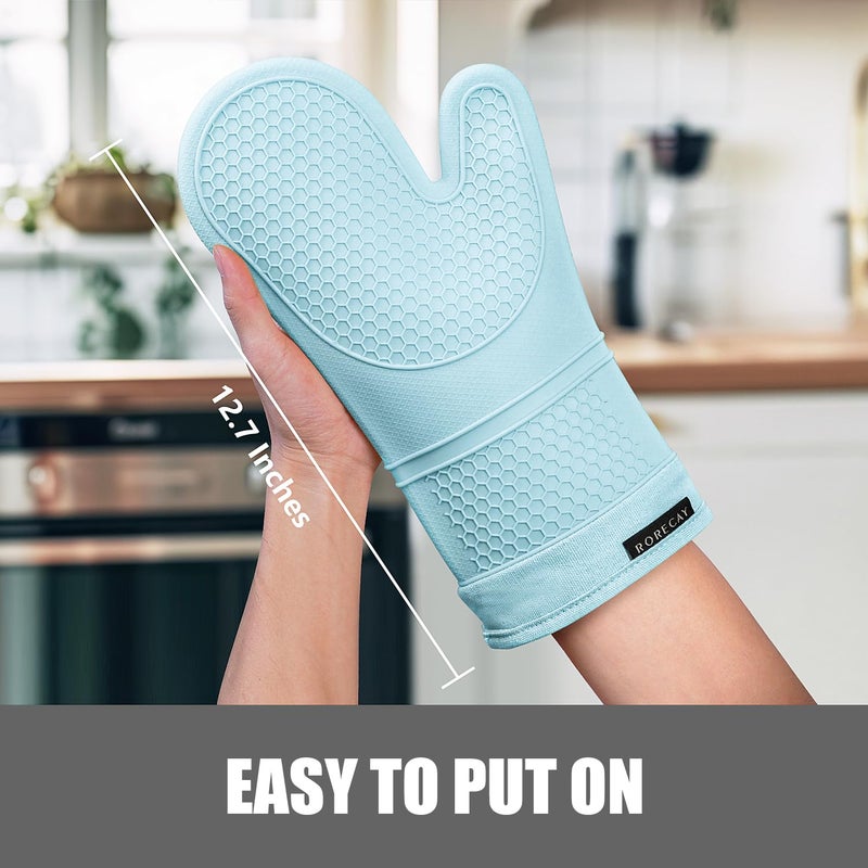 Rorecay 6pcs Oven Mitts and Pot Holders Sets, Extra Long Silicone Oven Gloves Heat Resistant 500 Degrees Non-Slip Potholders Hot Pads for Kitchen Baking Cooking, Quilted Liner, Winter Sky - Image 2