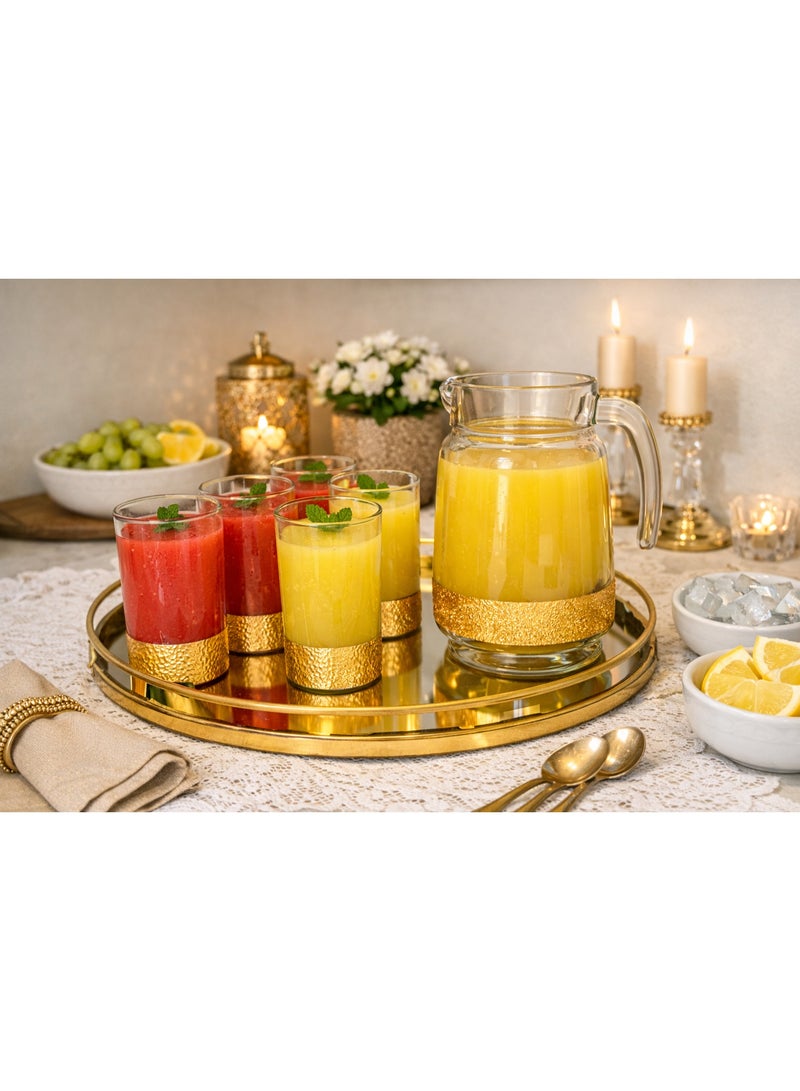 جرين أبل 🍹 طقم تقديم عصائر زجاج فاخر بقاعدة ذهبية – 1 إبريق مع 6 أكواب بتصميم أنيق للضيافة الراقية ✨ - Image 1