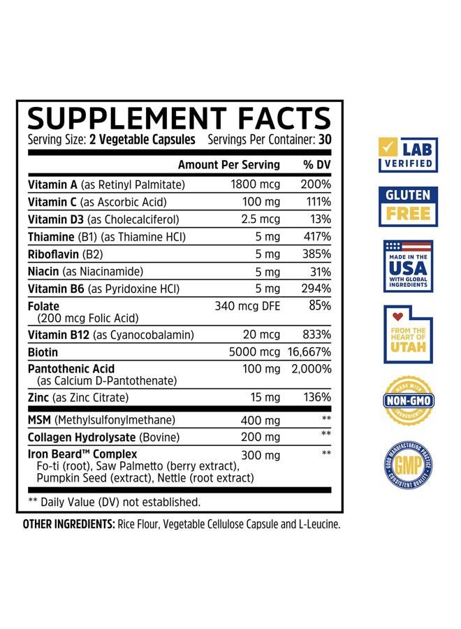 Zhou Iron Beard | Growth Vitamin Supplement for Men | 30 Servings, 60 Capsules - Image 2