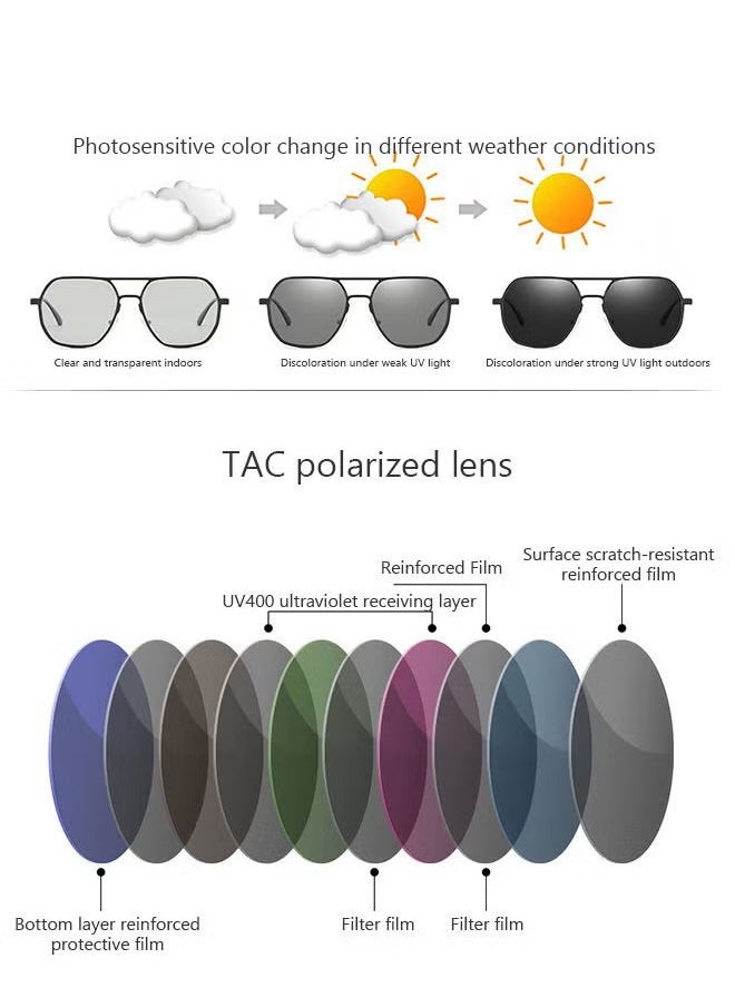 Men's Polarized Square Sunglasses, UV400 Protection Sun Glasses with Aluminum Magnesium Alloy Frame, Color Changing Glasses