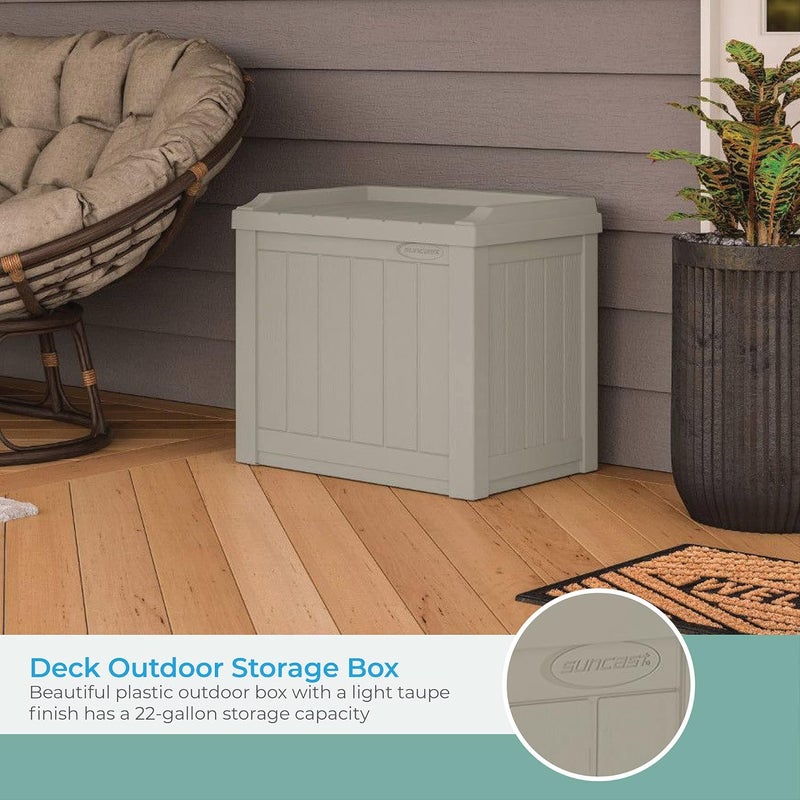 suncast Suncast Small Deck BoxLightweight Resin IndoorOutdoor Storage Container and Seat Cushions and Gardening Tools Store Items on Patio Garage Yard 22 Gallon Light Taupe  - Image 3