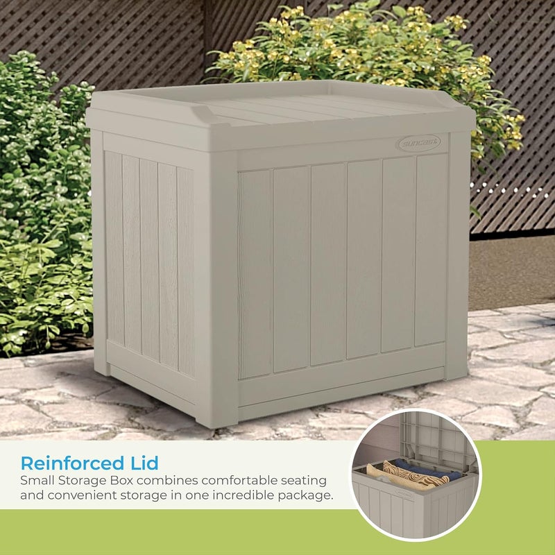 suncast Suncast Small Deck BoxLightweight Resin IndoorOutdoor Storage Container and Seat Cushions and Gardening Tools Store Items on Patio Garage Yard 22 Gallon Light Taupe  - Image 4