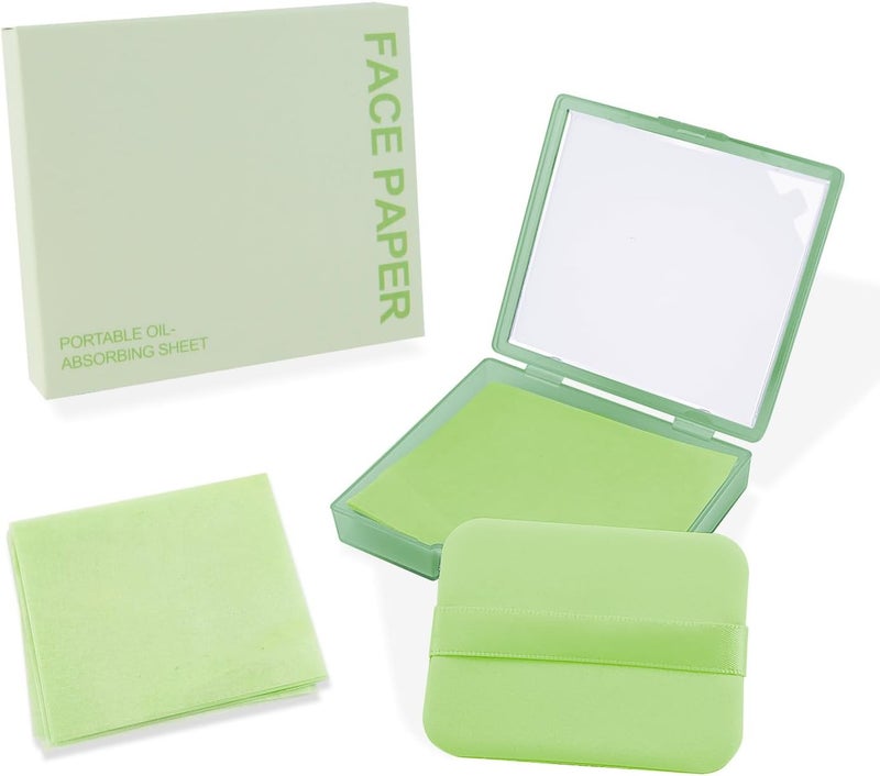 BOROLA BOROLA 3-in-1 Oil Blotting Paper Set for Face 100 Sheets Oil Absorbing Sheets with Portable Mirror & Adhesive Makeup Puff, Blotting Papers for Oily Skin, Design for Men & Women(Green) 