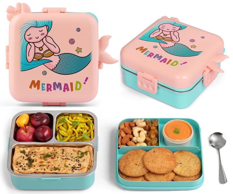 Primalite Kids Mermaid Theme Stainless Steel Bento Lunch Box for School, 3-Compartment, Sauce Jar & a Spoon, Leak-Proof with Seal-Ring Design & Multiple Lock-Design Tiffin, Air-Tight- 1100ML- Peach - Image 1