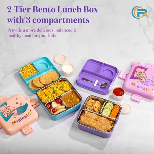 Primalite Kids Mermaid Theme Stainless Steel Bento Lunch Box for School, 3-Compartment, Sauce Jar & a Spoon, Leak-Proof with Seal-Ring Design & Multiple Lock-Design Tiffin, Air-Tight- 1100ML- Peach - Image 5