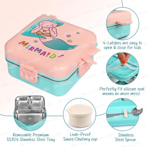 Primalite Kids Mermaid Theme Stainless Steel Bento Lunch Box for School, 3-Compartment, Sauce Jar & a Spoon, Leak-Proof with Seal-Ring Design & Multiple Lock-Design Tiffin, Air-Tight- 1100ML- Peach - Image 3