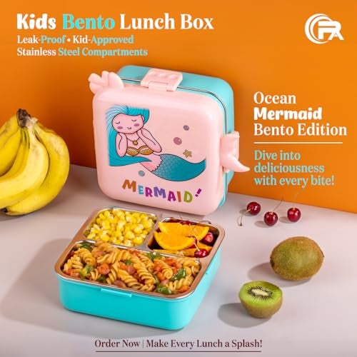 Primalite Kids Mermaid Theme Stainless Steel Bento Lunch Box for School, 3-Compartment, Sauce Jar & a Spoon, Leak-Proof with Seal-Ring Design & Multiple Lock-Design Tiffin, Air-Tight- 1100ML- Peach - Image 2