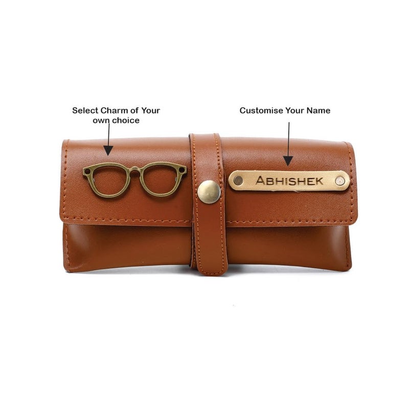 GEOCELL Personalised Name & Charm Leather Sunglass Case Cover for Men & Women | Hard Case Eyewear Cover -Tan colour - Image 2