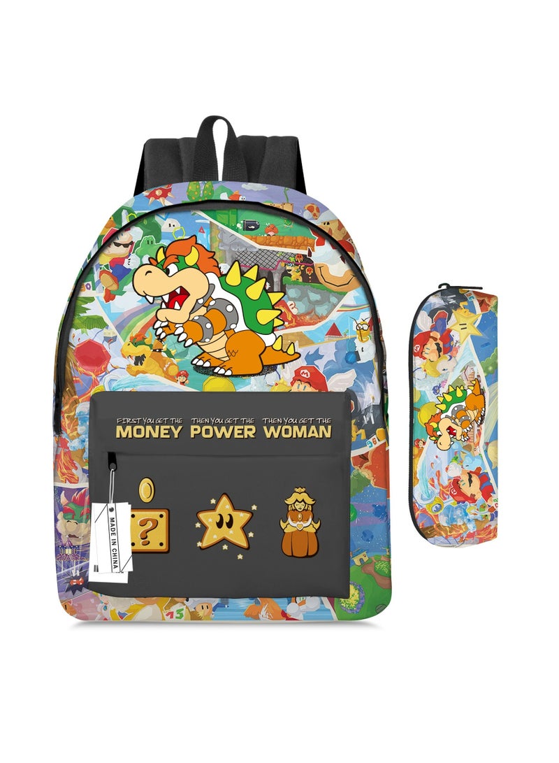 Super Mario Mario Cartoon Backpack Super Mario Student Schoolbag Pencil Case Two-piece Set - Image 1