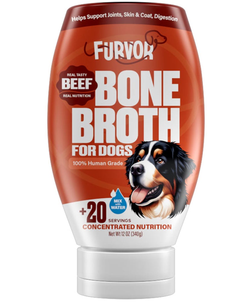 Furvor Beef Bone Broth for Dogs - Collagen Protein Supplement for Digestion, Mobility, Coat, Immune System, Healthy Dog Food Topper, Human Grade Meal Boost Gravy, Just Add Water, Made in USA 12 oz - Image 1